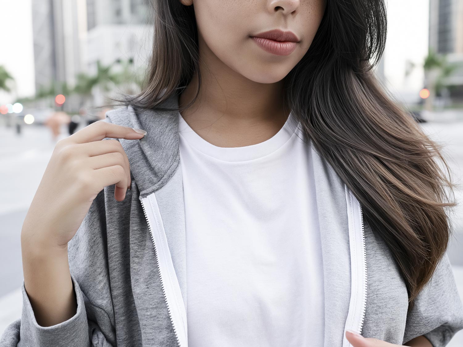 Woman wearing white crew neck t-shirt layered under grey zip hoodie, casual streetwear style in an urban background.