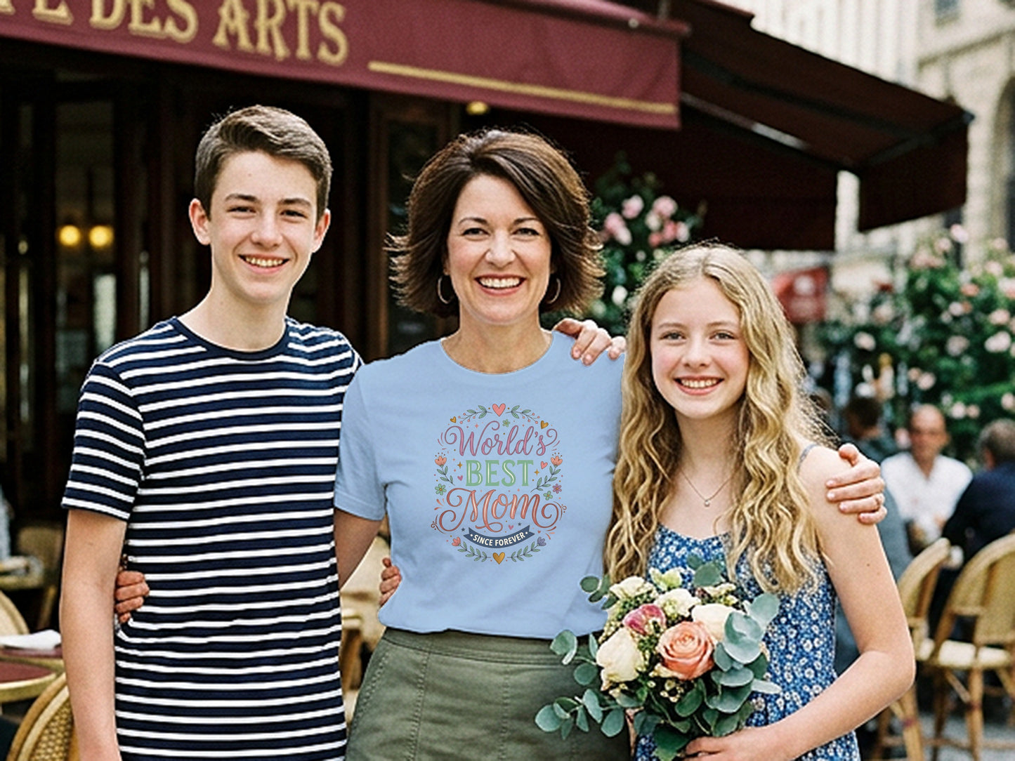 Baby blue mom t-shirt with boho floral graphic and World’s Best Mom Since Forever text, breathable casual t-shirt.