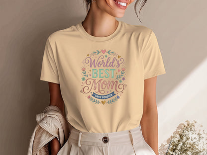 Cream boho floral mom t-shirt with World’s Best Mom Since Forever design, soft cotton relaxed fit gift tee.