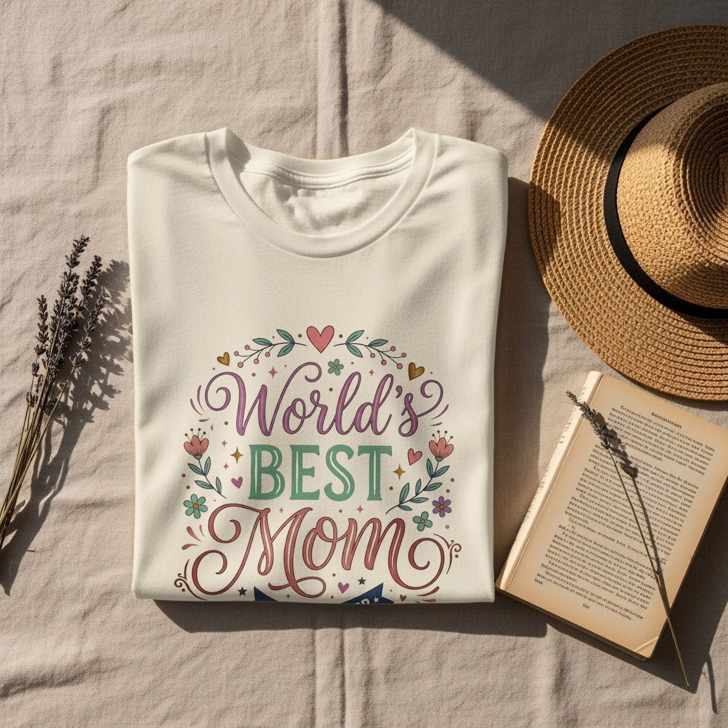 Natural color boho mom t-shirt with floral World’s Best Mom Since Forever front print, lightweight everyday wear tee.