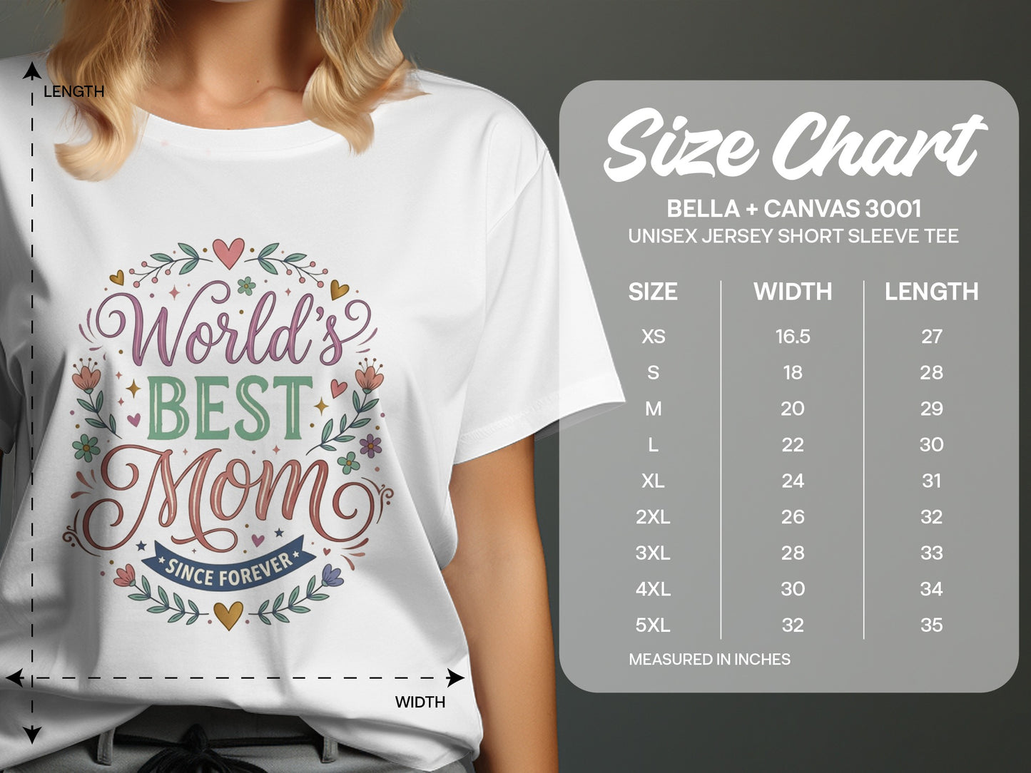 T-shirt size chart for unisex mom tee showing measurements and fit guide for Small to 3XL sizing.
