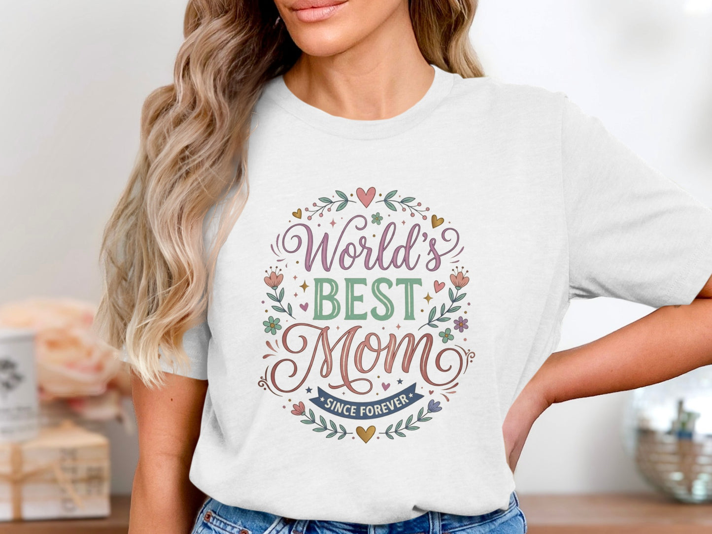 White floral mom shirt featuring World’s Best Mom Since Forever design, classic cotton Mother’s Day gift tee.