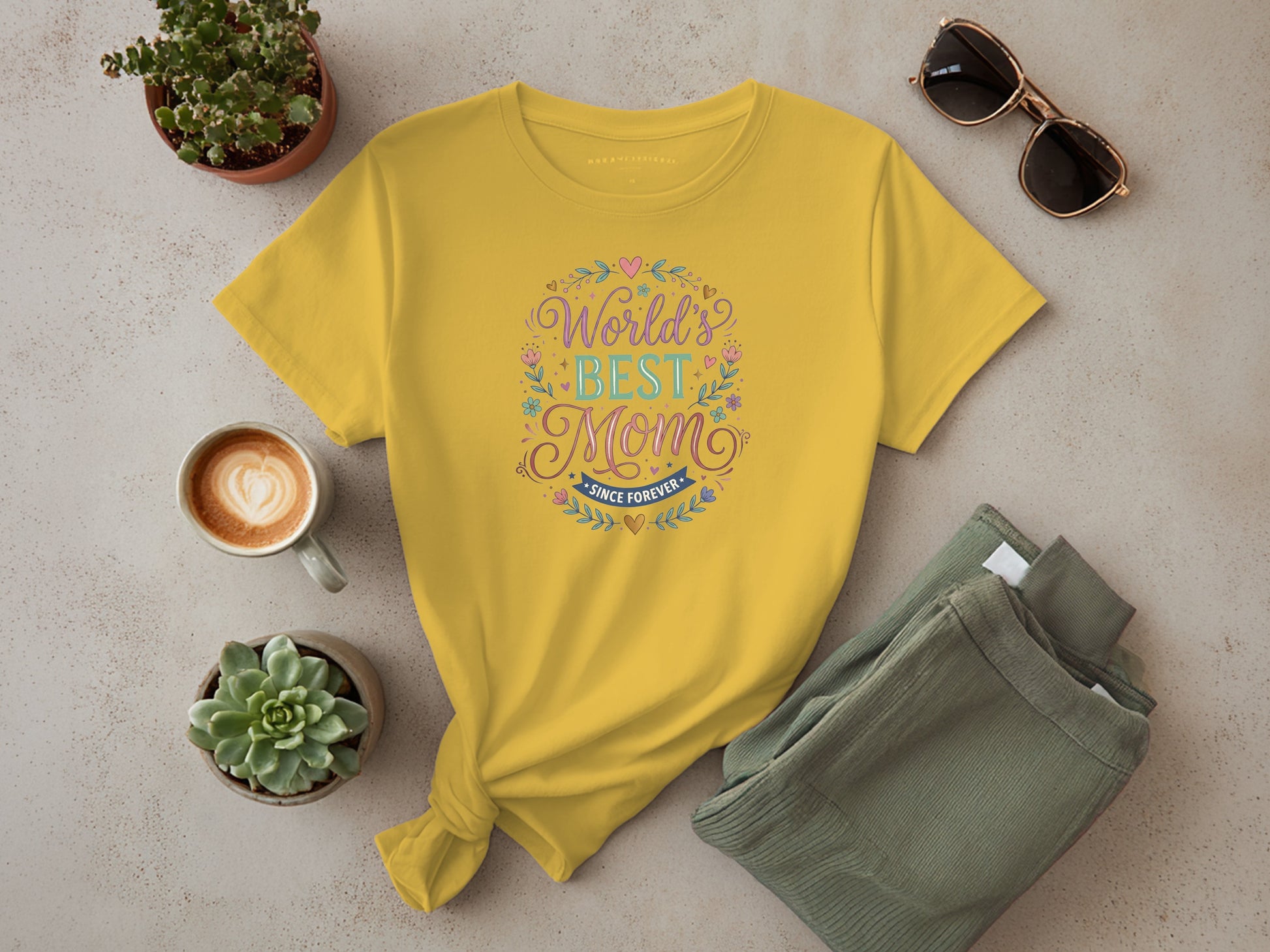 Yellow floral mom shirt with World’s Best Mom Since Forever print, lightweight cotton boho Mother’s Day gift.