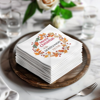 Celebrate the season with customizable Wreath Merry Christmas napkins, perfect for cocktails and holiday gatherings.