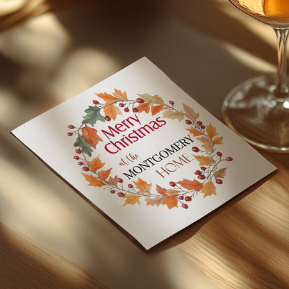 Wreath Merry Christmas custom napkins to add a festive touch to your table, perfect for drinks and appetizers.