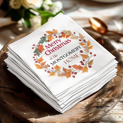 Add a personal touch with Wreath Merry Christmas custom napkins, great for drinks and holiday dining events.