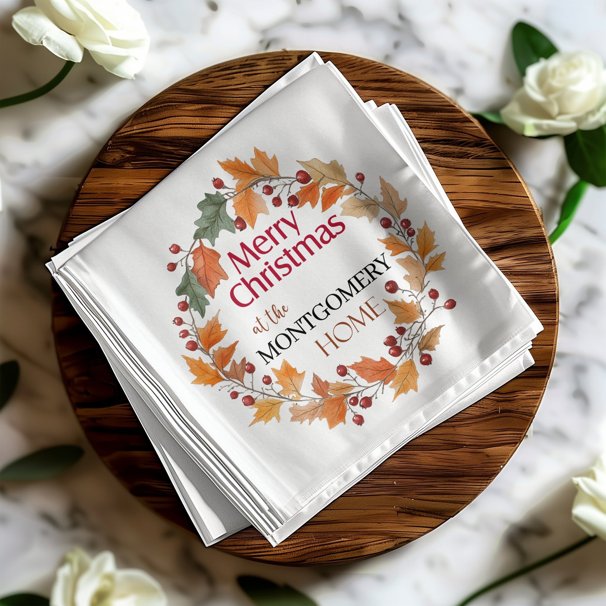 Wreath Merry Christmas Custom Napkins