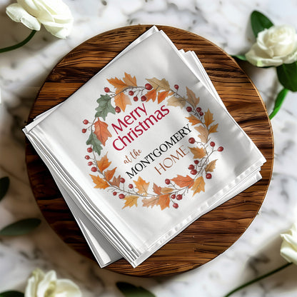 Wreath Merry Christmas custom napkins, ideal for your holiday beverage and festive meal settings.