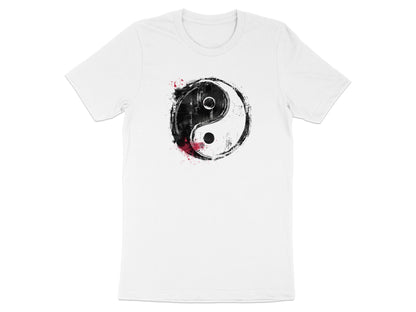 White Yin Yang T-shirt featuring balanced duality symbol, soft breathable cotton, and relaxed unisex fit for mindfulness.