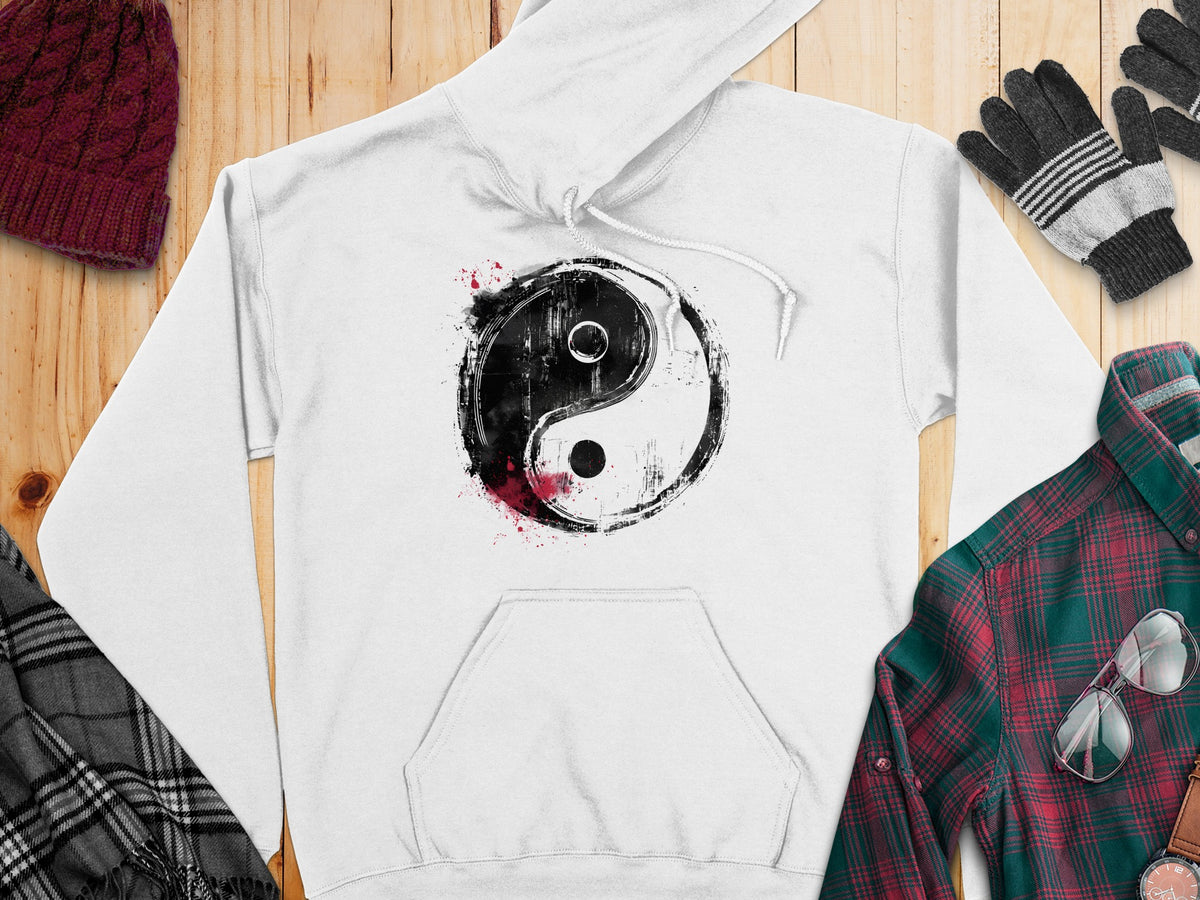 White Yin Yang Hoodie with large centre chest yin-yang symbol in black and white ink-style brush design.