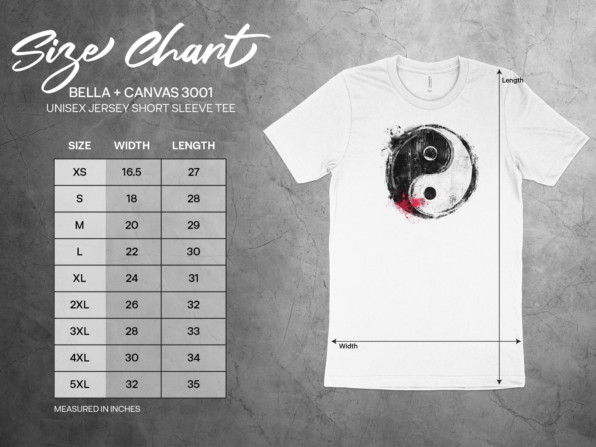 Detailed size chart for Yin Yang T-shirt with chest width, length, and size conversions for accurate fit guidance.