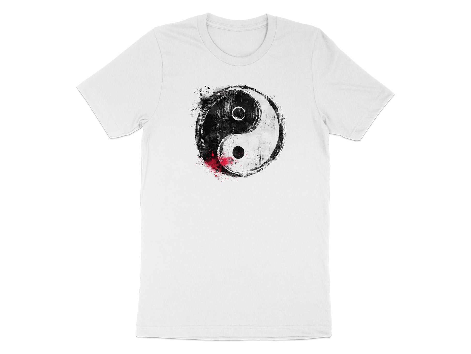 White Yin Yang T-shirt featuring balanced duality symbol, soft cotton, breathable fabric, and relaxed unisex fit.