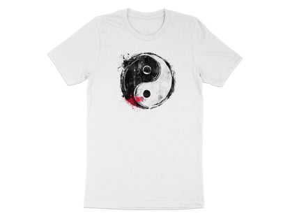 White Yin Yang T-shirt featuring balanced duality symbol, soft cotton, breathable fabric, and relaxed unisex fit.