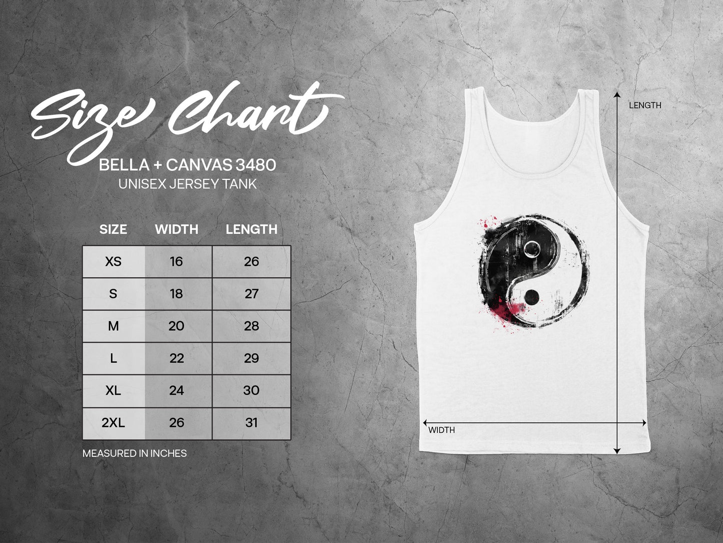 Yin Yang tank top size chart with measurements to find the perfect fit for unisex sleeveless spiritual apparel.