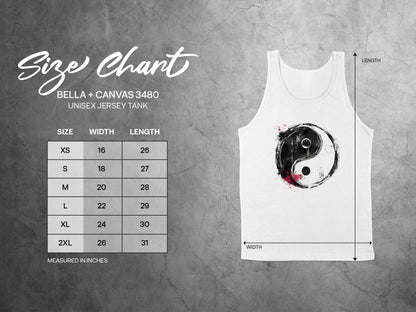 Yin Yang tank top size chart with measurements to find the perfect fit for unisex sleeveless spiritual apparel.