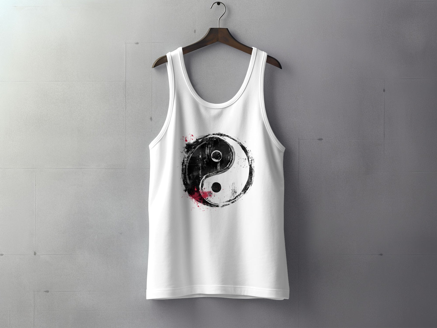 White Yin Yang tank top with minimalist zen design, lightweight breathable fabric, perfect for casual and yoga wear.