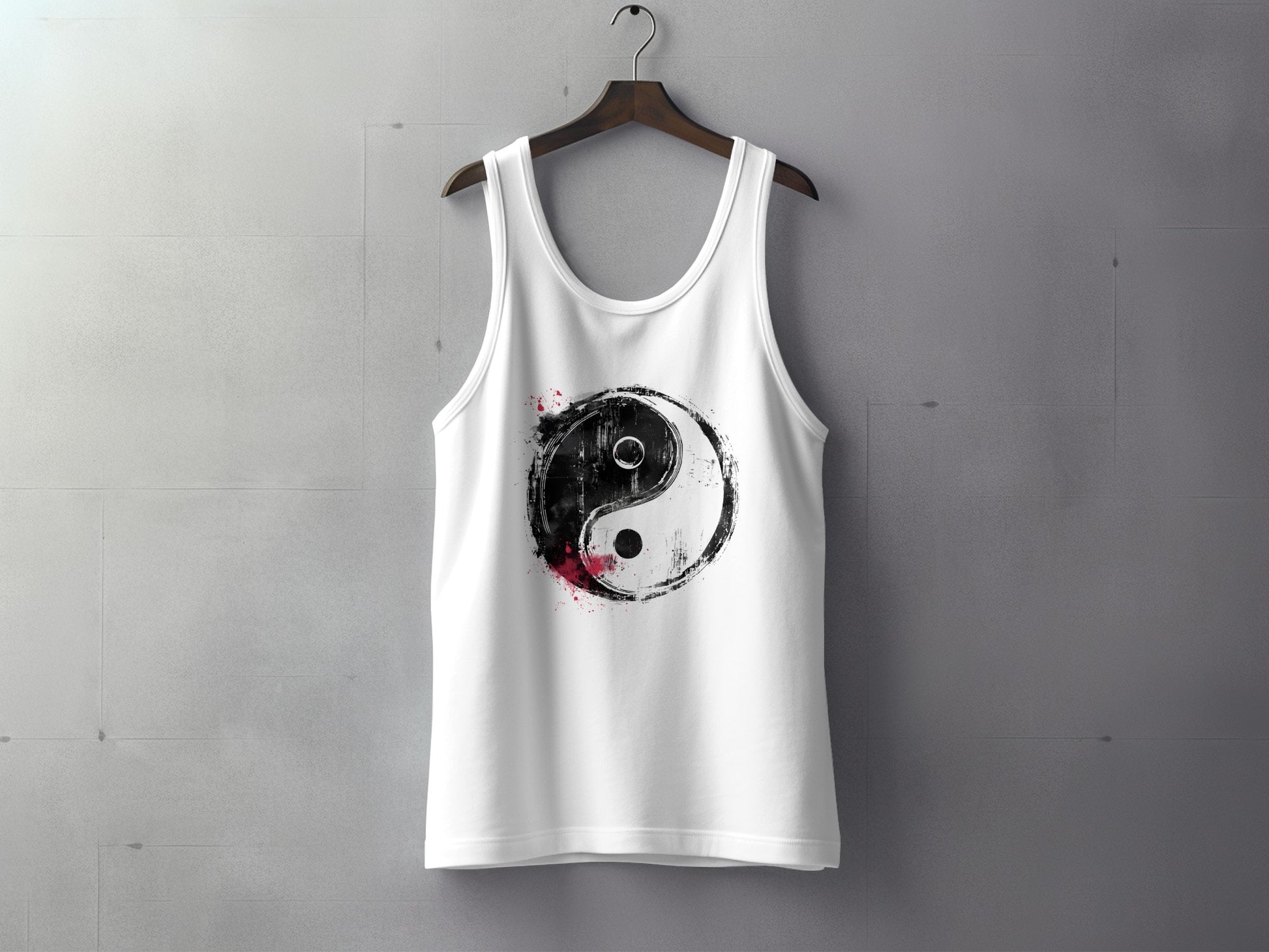 White Yin Yang tank top with minimalist zen design, lightweight breathable fabric, perfect for casual and yoga wear.