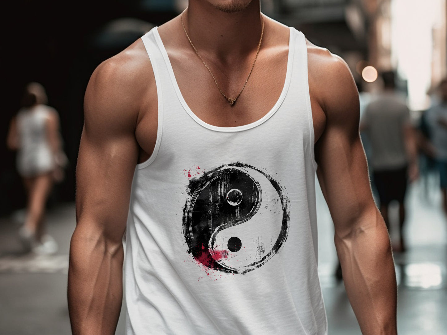 Yin Yang tank top featuring spiritual symbol, sleeveless cotton design, ideal for summer layering and mindful fashion.