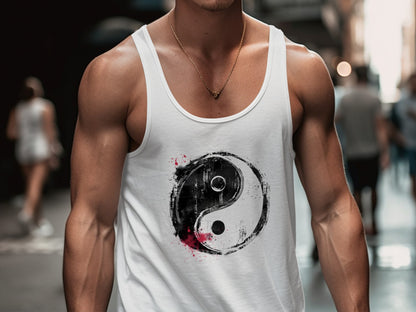 Yin Yang tank top featuring spiritual symbol, sleeveless cotton design, ideal for summer layering and mindful fashion.