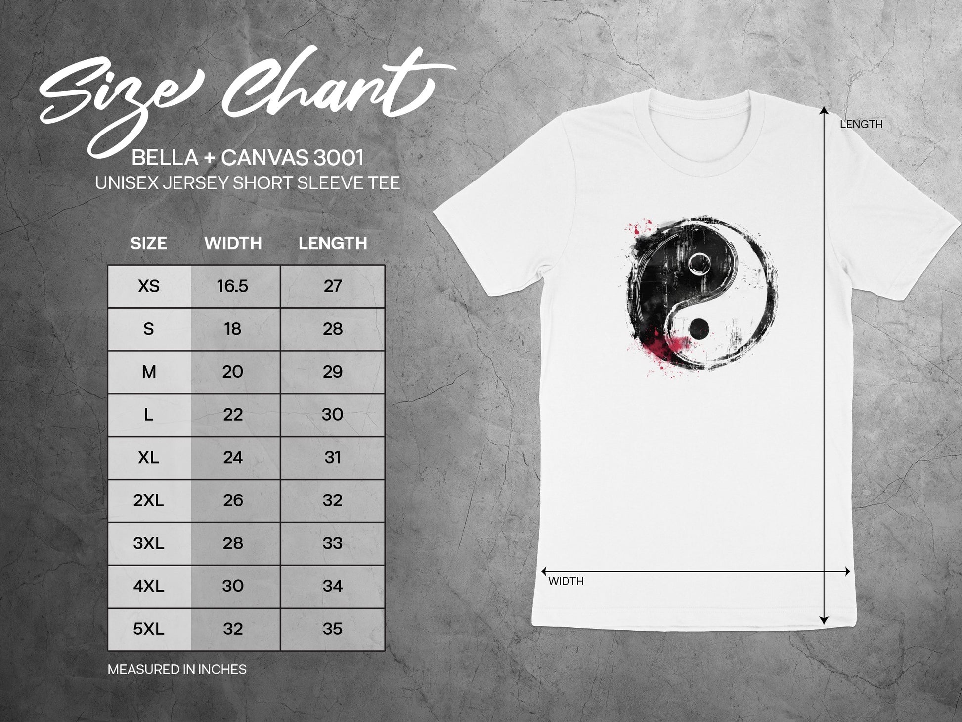 Detailed size chart for Yin Yang T-shirt with chest width, length, and size conversions for accurate fit guidance.