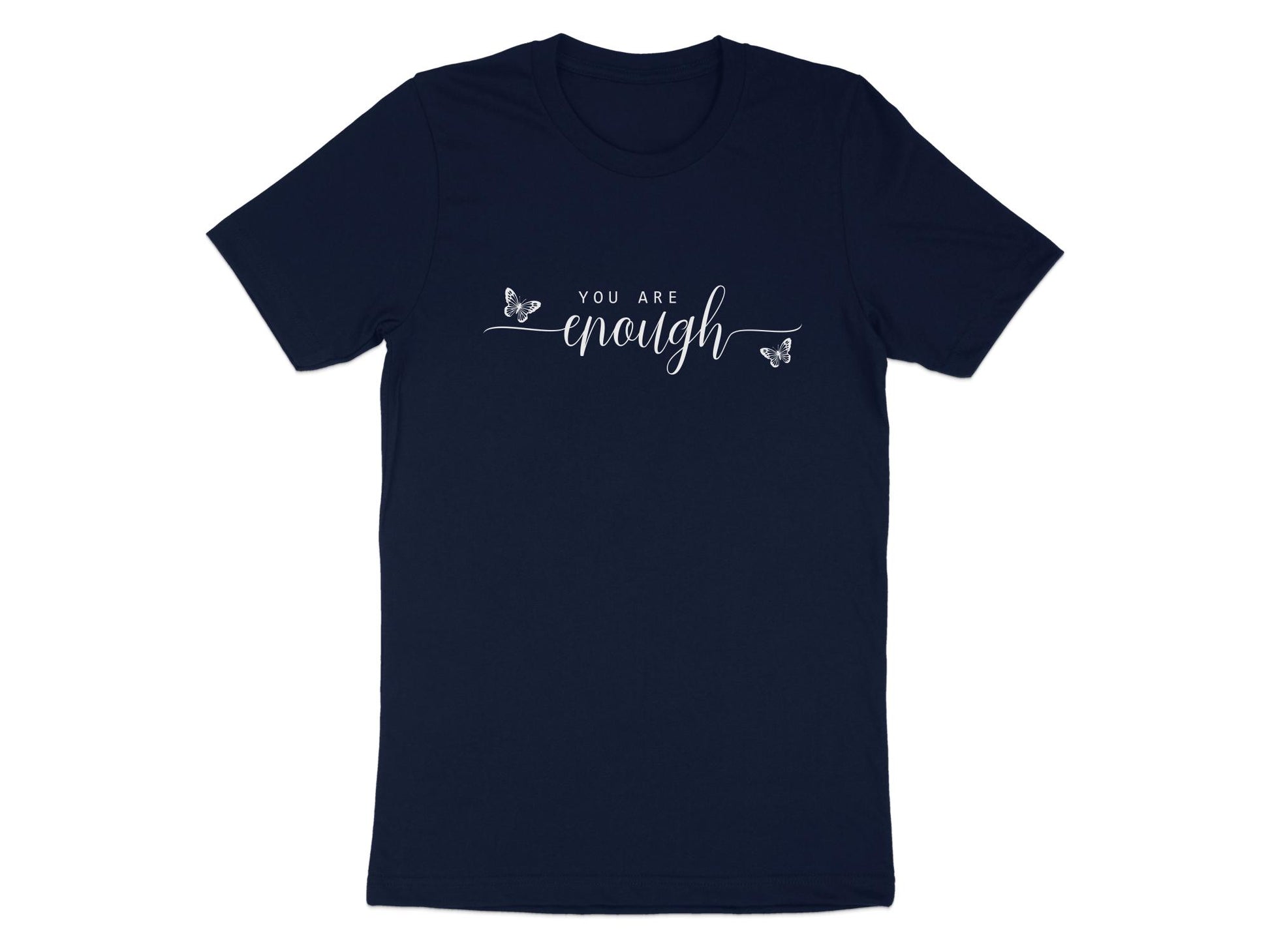 You Are Enough T-Shirt in navy – cozy cotton, relaxed fit, short sleeves, and crew neck for everyday comfort.