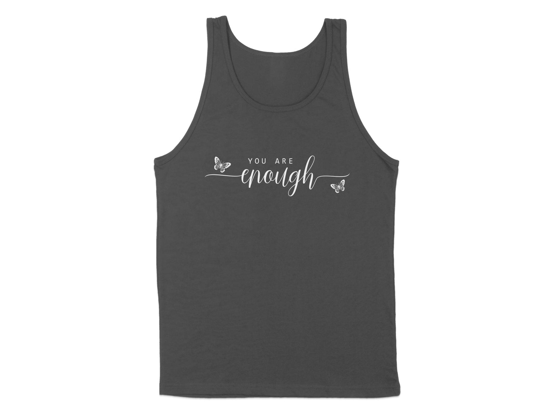 Charcoal You Are Enough Tank Top, sleeveless with a scoop neck, perfect for casual wear and positive vibes.
