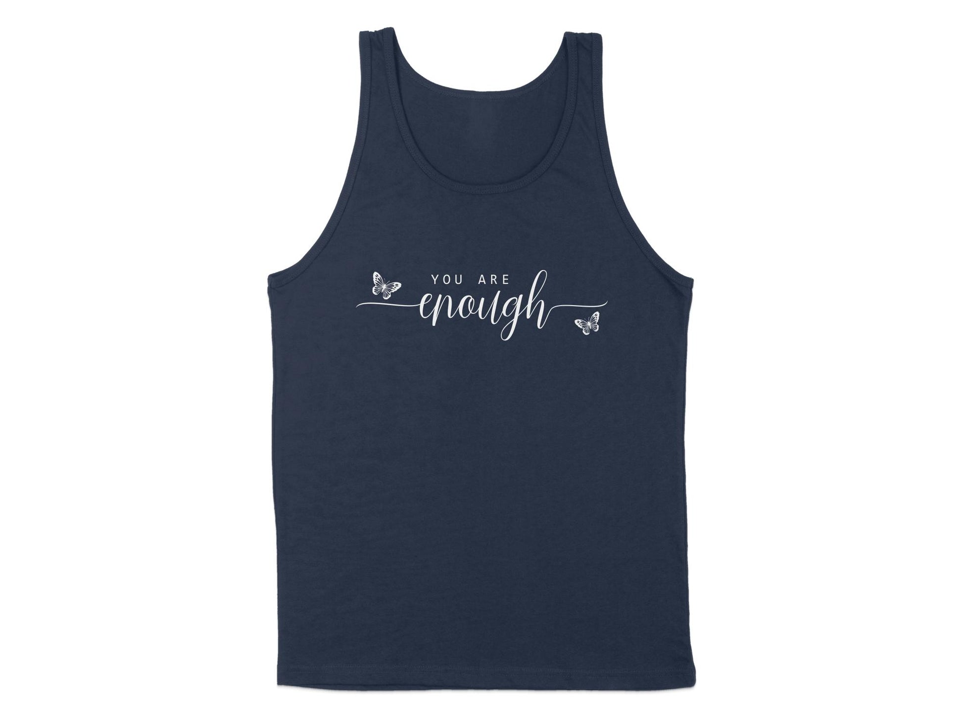 Navy You Are Enough Tank Top, designed with a relaxed fit, sleeveless and scoop neck for versatile styling.