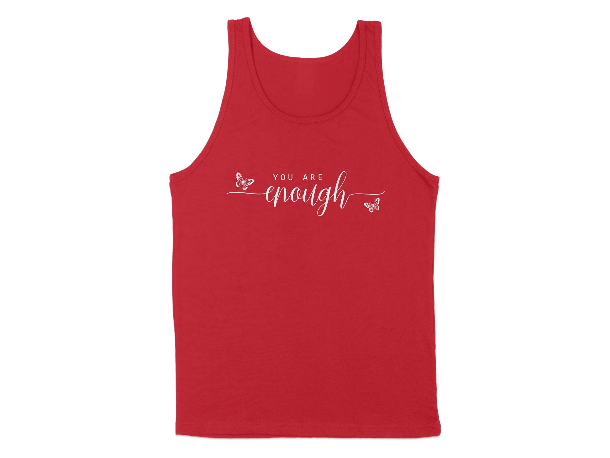 You Are Enough Tank Top in red, featuring a bold sleeveless design and scoop neck to make a statement.