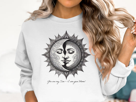 Boho-style You Are My Sun I Am Your Moon pullover sweatshirt, with celestial print for boho dreamers and cosmic soulmates.